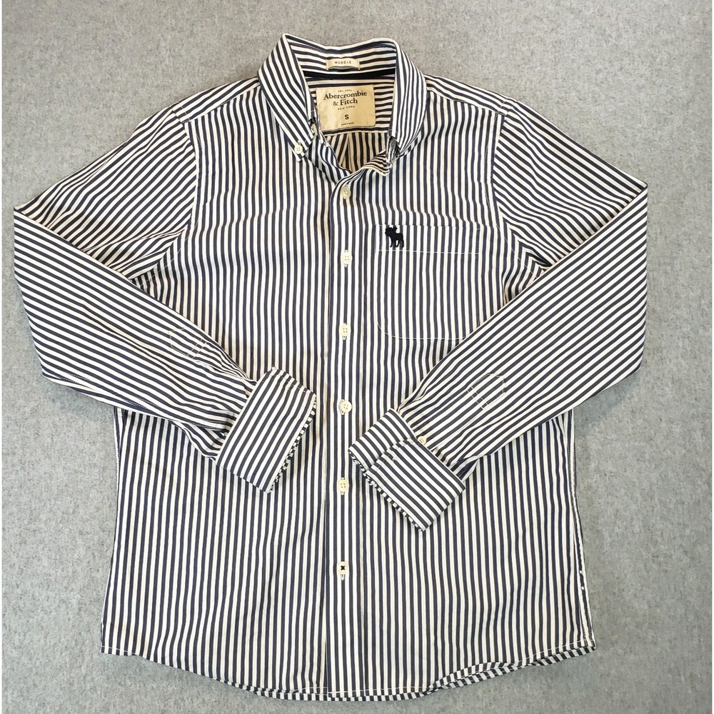 Abercrombie & Fitch Muscle Button Up Shirt Men Blue White Stripe Sz S Moose Logo